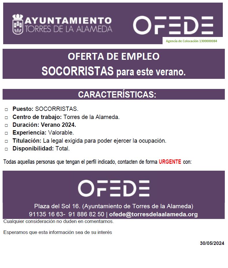 Ayto_Torres's tweet photo. 🟣La Oficina de Empleo está buscando candidatos para las siguientes ofertas:
📍 SOCORRISTAS.

Las personas interesadas deben ponerse en contacto con OFEDE de manera inmediata:
☎️ 91 135 16 63// 605 93 24 19 / 📧 ofede@torresdelaalameda.org

#EmpleoTorres https://t.co/ckZw1LwHg8