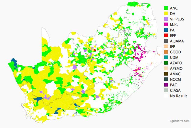 PollsPilot's tweet photo. 2024 South Africa Election - Results
ANC - 42,54 % - 682,342 votes (- 0,04)
DA- 25,82 % - 411,388 votes (- 0,17)
EFF - 8,50 % - 136,256 votes (+ 0,03)
MK - 8,08 % - 129,565 votes (+ 0,23)
3743/23293 (16,07 %) Voting Districts IN
#SouthAfrica #Elections2024 #Africa #Decision24 https://t.co/bL2DExZJrY