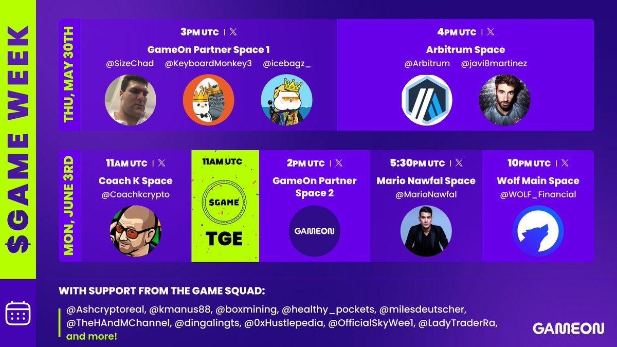 We're halfway through the $GAME WEEK with only 4 days left until TGE 👀 Today's lineup features two STACKED spaces you won't want to miss👇 1⃣ GameOn Space - 11am ET | 3pm UTC: Join @gameonmatty, @SizeChad, @KeyboardMonkey3, @icebagz_ & @AGORACOM for an exciting chat about