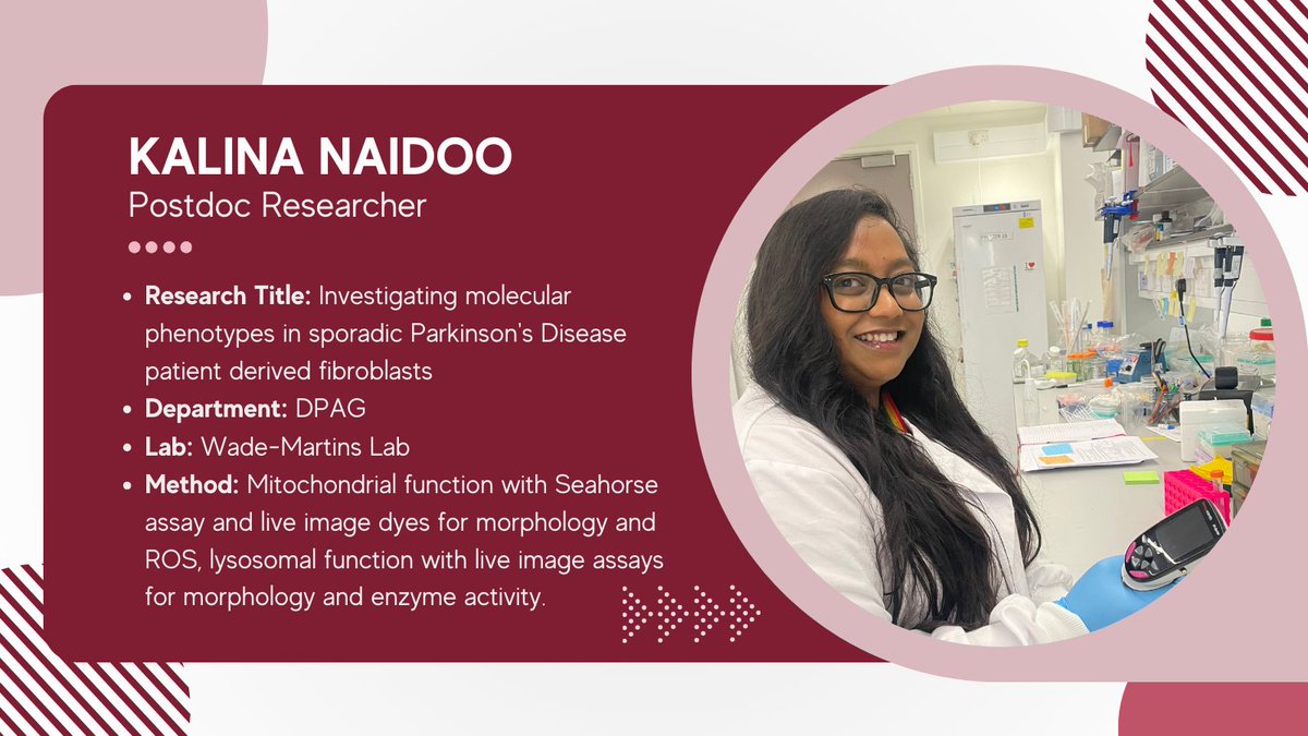 Kavli Institute for Nanoscience Discovery, Oxford (@kavlioxford) on Twitter photo #MeetTheResearcher
Introducing Kalina Naidoo from <a href="/WadeMartinsLab/">Wade-Martins Lab</a>, <a href="/OxfordDPAG/">Department of Physiology Anatomy & Genetics (DPAG)</a> this week. Kalina is a #postdoc #researcher investigating molecular phenotypes in sporadic #ParkinsonsDisease patient derived #fibroblasts. #MeetTheResearcher
Introducing Kalina Naidoo from <a href="/WadeMartinsLab/">Wade-Martins Lab</a>, <a href="/OxfordDPAG/">Department of Physiology Anatomy & Genetics (DPAG)</a> this week. Kalina is a #postdoc #researcher investigating molecular phenotypes in sporadic #ParkinsonsDisease patient derived #fibroblasts.
