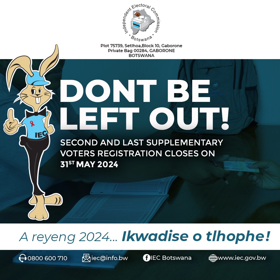 𝐃𝐎 𝐍𝐎𝐓 𝐁𝐄 𝐋𝐄𝐅𝐓 𝐎𝐔𝐓........!

Register to Vote!.......Second and last Supplementary Registration closes on Friday 31 May 2024 at 1800hrs.