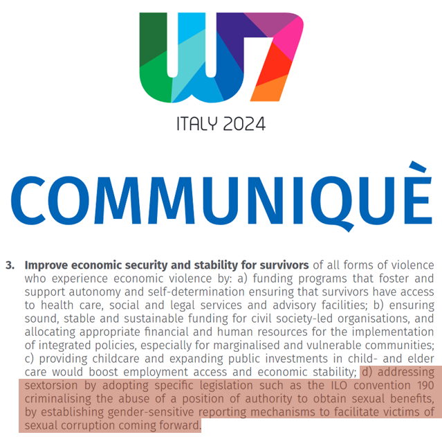 #G7Italy I am very glad to see that we at @transparency_de have managed to get #sextortion (sexual corruption) on the @Women7official agenda. Thank you @Caroline_Aus for your support. Now, with joined forces, we have to make sure that the @G7 leaders also prioritize this issue.