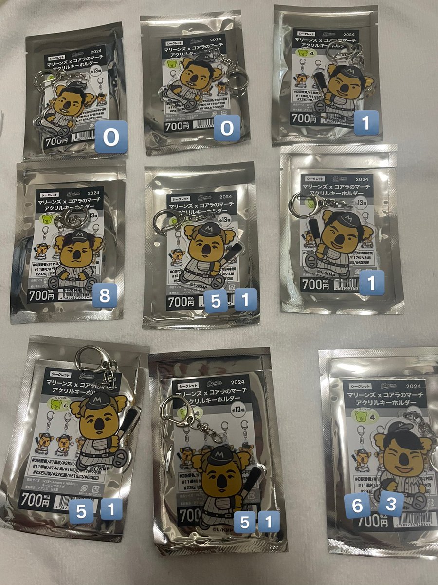 cocotanb's tweet photo. シークレット マリーンズ×コアラのマーチ アクリルキーホルダー

千葉ロッテマリーンズ交換

譲 0荻野×2 1藤原×2 8中村奨吾 51山口×3 63和田

求 23石川慎吾 定価

 #マリーンズガチャ  #chibalotte https://t.co/GZZ1bvApor