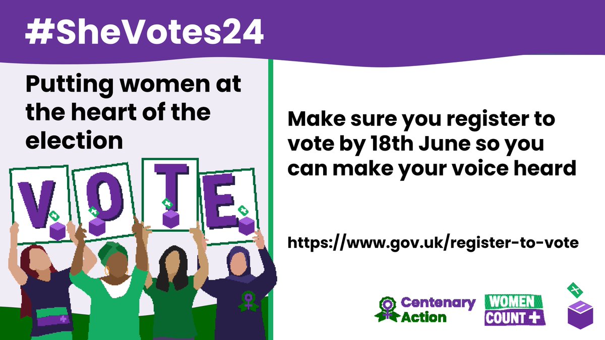 We want to put women's concerns at the centre of the General Election campaign. Make sure you register to vote by 18th June so you can make your voice heard. Register here: bit.ly/453QgLt #SheVotes24