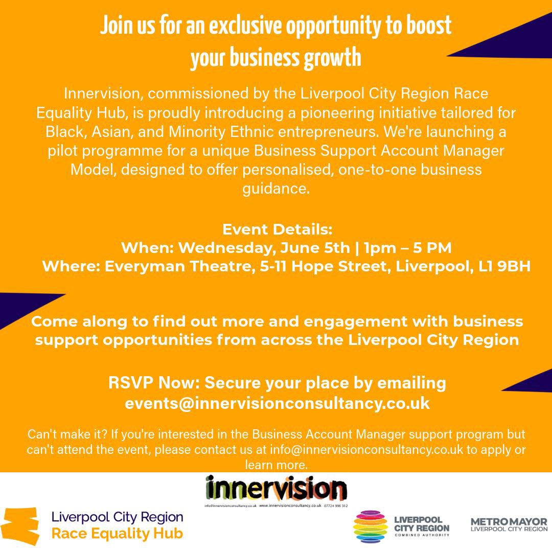 LastMayorLpool's tweet photo. If you are an ethnic minority business owner, come along to our business support event 5th June. Register by emailing events@innervisionconsultancy.co.uk https://t.co/waUTAbPLLV