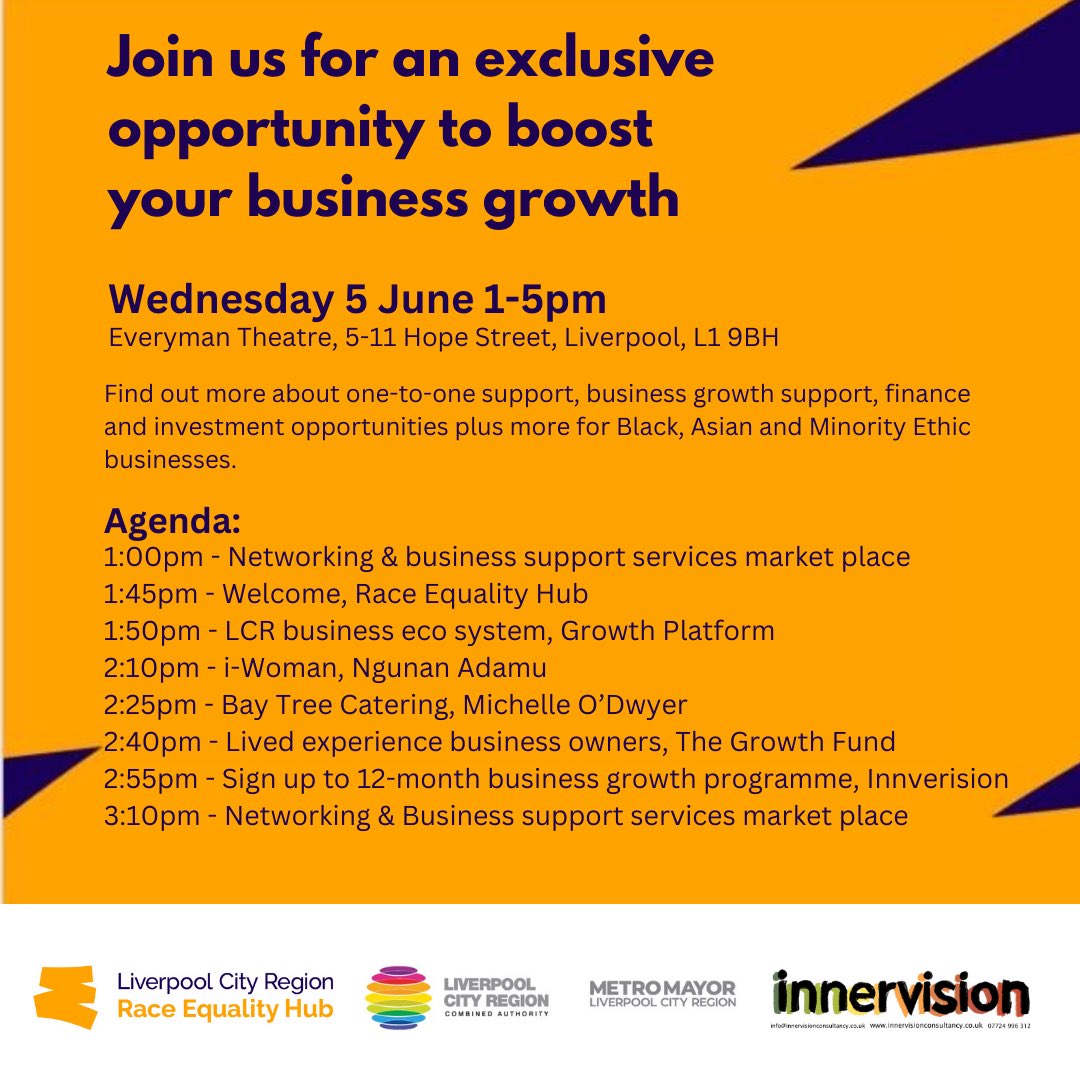 LastMayorLpool's tweet photo. If you are an ethnic minority business owner, come along to our business support event 5th June. Register by emailing events@innervisionconsultancy.co.uk https://t.co/waUTAbPLLV