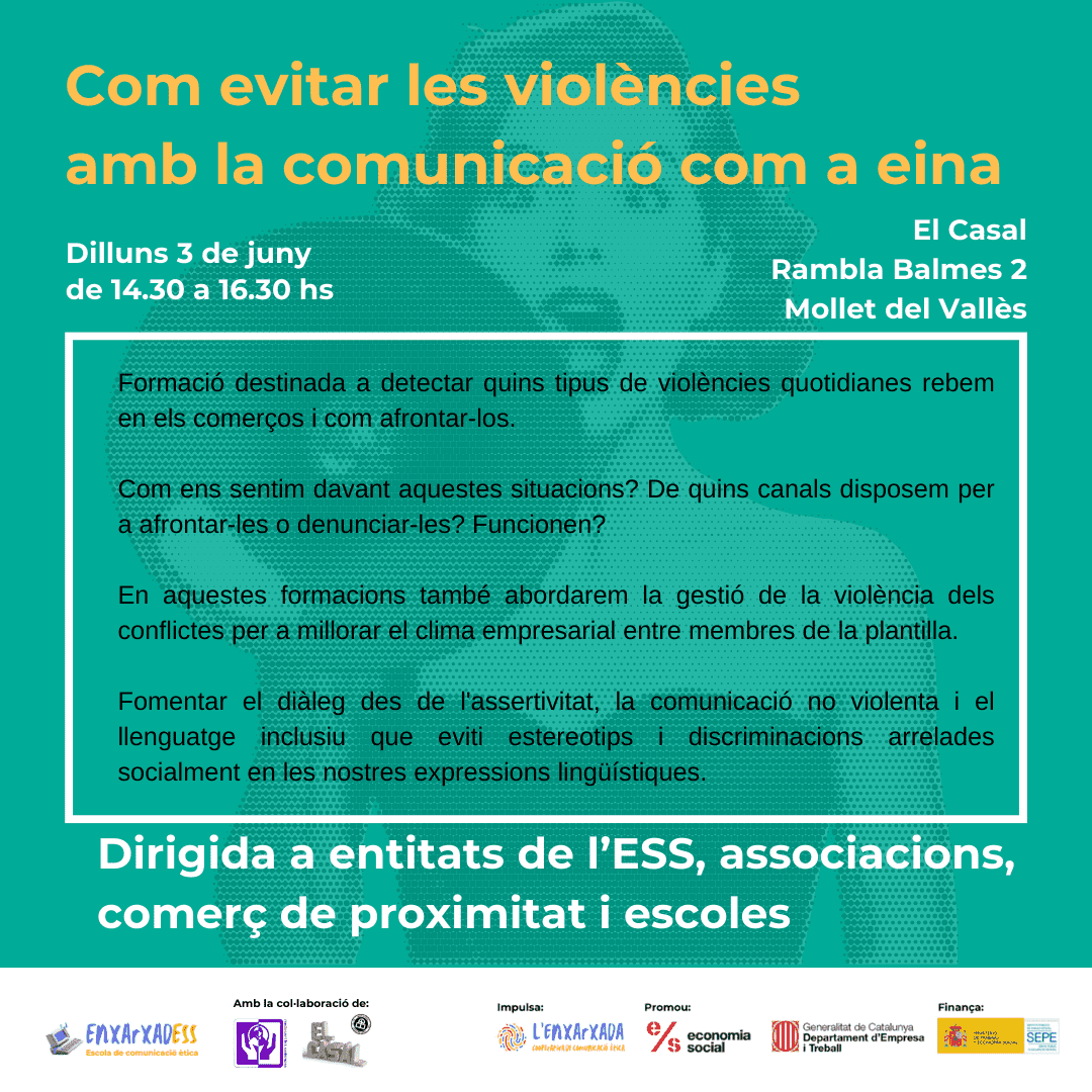 Dilluns 3️⃣ de juny tenim un dia intens de formacions en col·laboració amb la cooperativa @reeducant 

Els tallers estan destinats a detectar quins tipus de violències quotidianes rebem i com afrontar-les.

#comunicacionoviolenta #projectessingulars