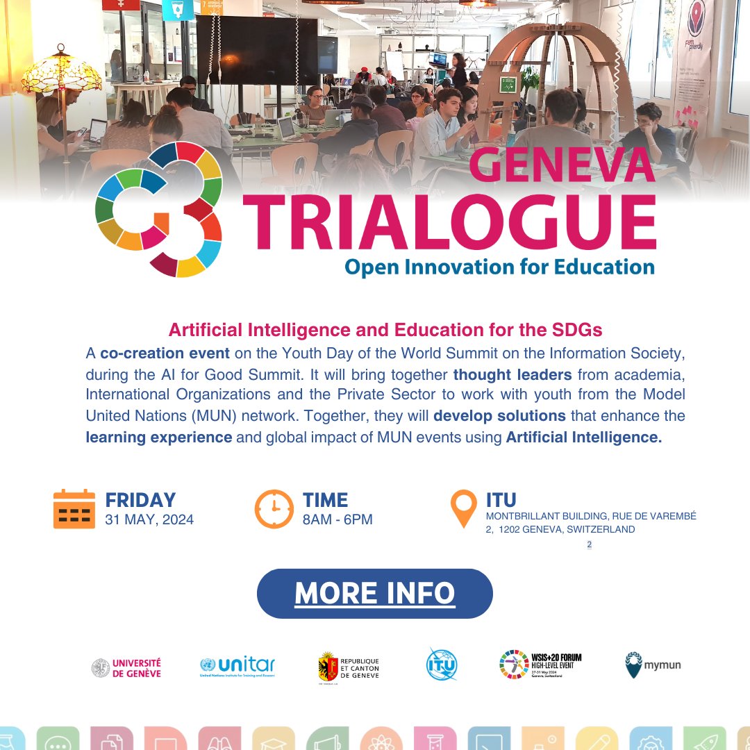UNITAR and the University of Geneva will host the 2024 Geneva Trialogue on Open Innovation for Education with a focus on Artificial Intelligence (AI) and global youth engagement through the Model United Nations tomorrow.