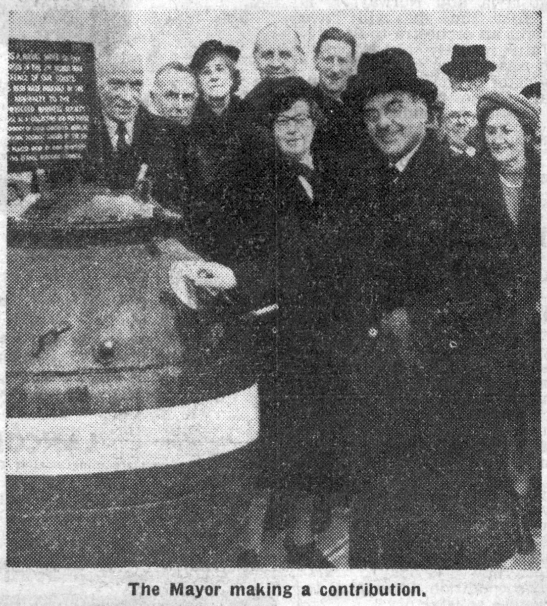 bexhillmuseum's tweet photo. Zooming in a bit we can see the sea mine used as a collection box for the Shipwrecked Fishermen and Mariners' Royal Benevolent Society, which was placed there in 1952. Cutting from @BexhillObs 16.2.1952.#SeaMine https://t.co/43fxzdpYOm