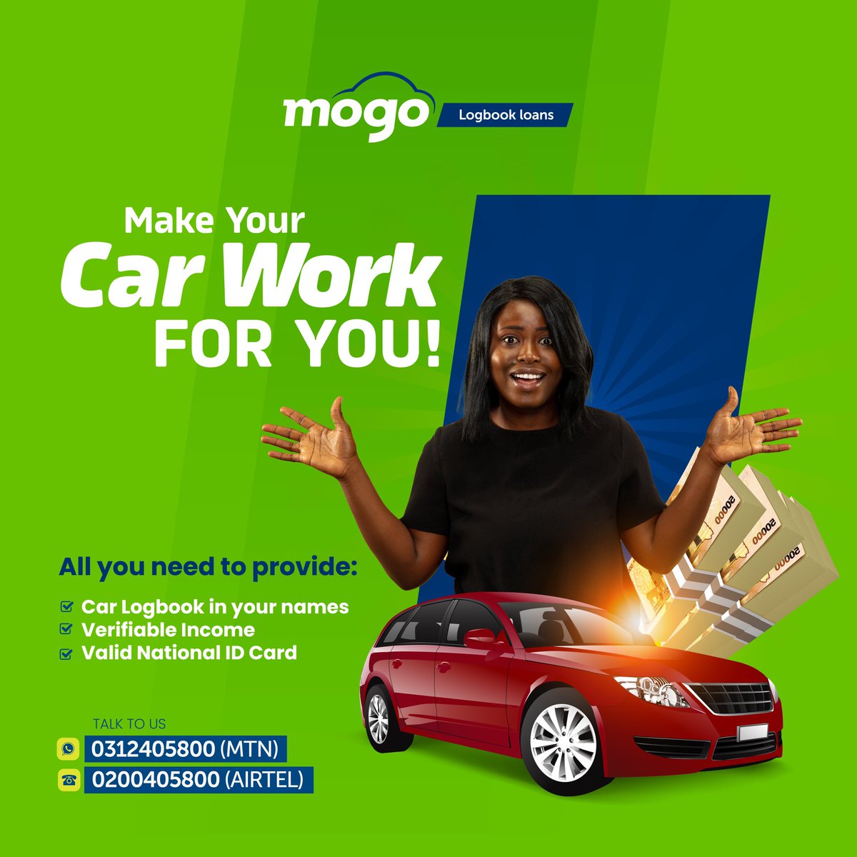 AD: Are you looking out for quick cash? Make your car work for you with a MOGO Logbook loan. Get up to 30 million shillings, payable in 36 months, and you keep driving your car. Apply via mogo.co.ug/logbook-loans
