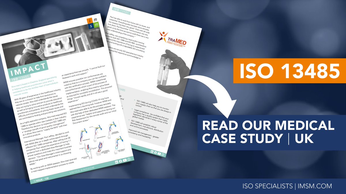 IMSM_Ltd's tweet image. ISO 13485 was a “strategic benefit of good quality management” as it allows Xtra-med to “supply the NHS” with its innovative products.

You can read our full case study here: hubs.ly/Q02vG0zB0

#iso #medicaldevices #iso13485