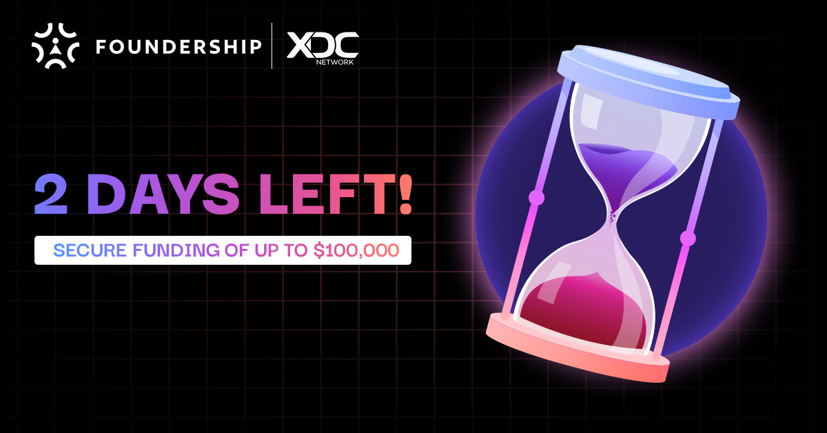 LAST CHANCE! ⚡️🙌 ONLY 2 DAYS LEFT to apply for XDC 0xCamp by #Foundership & @XinFin_Official! 🏃‍♂️ Launch your token & secure funding (up to $100,000)! Don't miss out! Apply now: foundershiphq.com/0xcamps #RWA #Tradefi #GameFi #Staking #Web3 #XDC #0xCamp