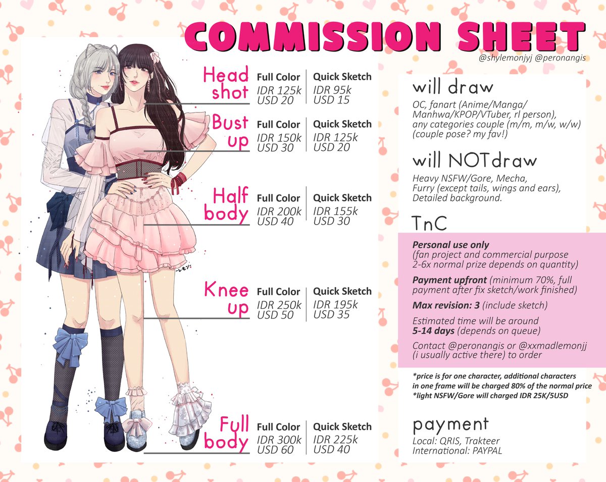 lemonami_'s tweet photo. 🍒COMMISSION OPEN🍒
[Likes &amp; RTs are appreciated]

HIIII! i’m opening commissions for Local 🇮🇩 &amp; International!

kindly check my carrd for more information: https://t.co/m3KQYGntui

feel free to ask or DM me if you're interested ^^ https://t.co/eHIhM29tGk