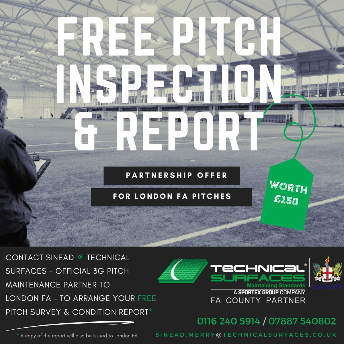 Get a FREE Pitch Inspection & Report for your 3G Pitch! 😍 Our new 3G Pitch Maintenance Partner - @Tech_Surfaces - are offering an exclusive Pitch Survey & Condition Report, worth £150, completely free of charge! Book your inspection with Sinead.Merry@technicalsurfaces.co.uk 🤝