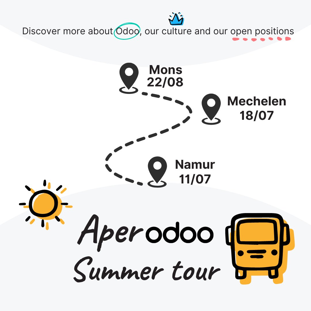 Don't miss our new recruitment event in Belgium this summer☀️ Our famous truck called the LabOdoo is on the move and brings our AperOdoo experience to you 🚀 ▶️ Come whenever you want between 6pm and 8pm and meet our colleagues 🤩 🚨Register here: odoo.com/r/y2r