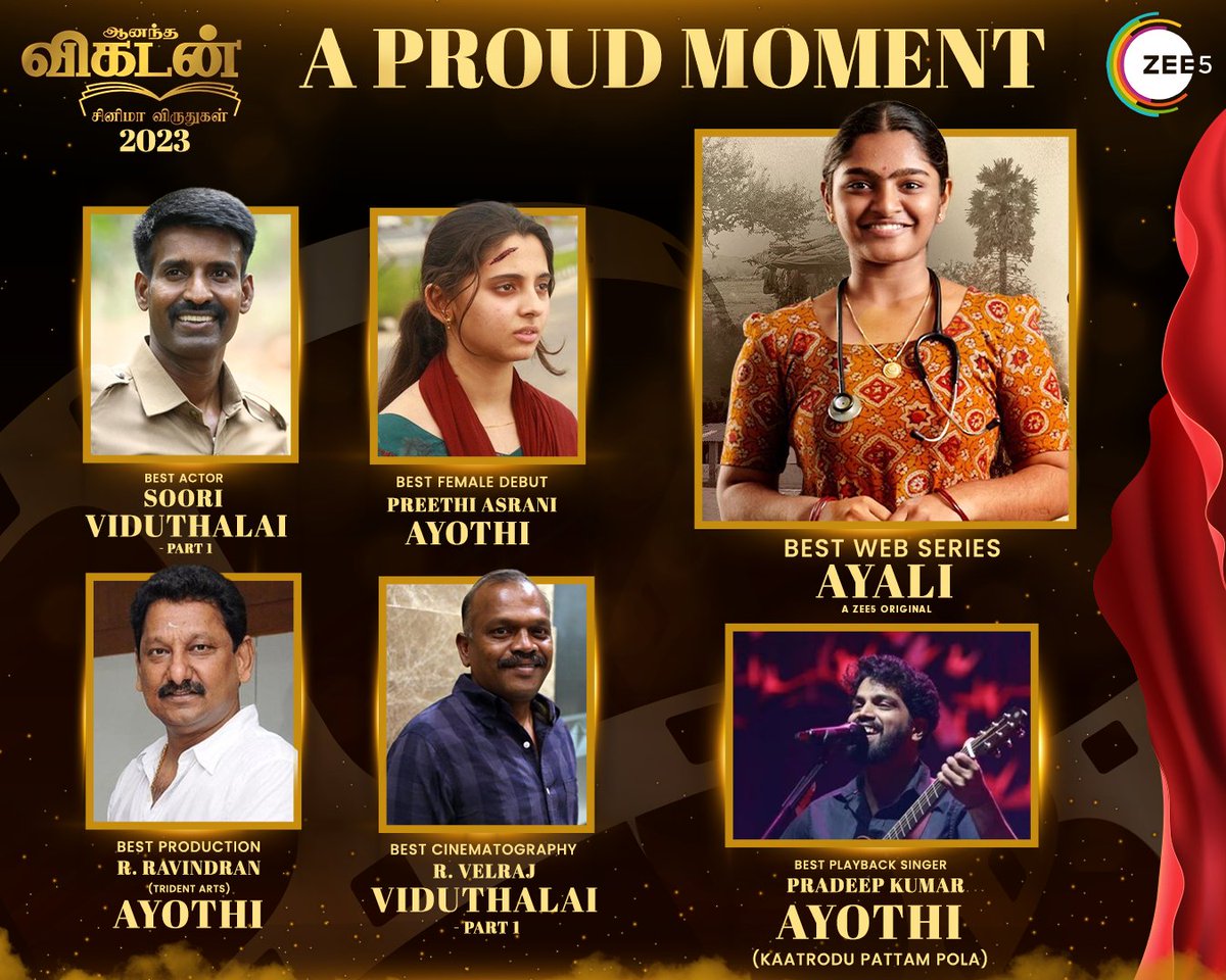 Honoured & Contented! ✨ Thank you  @CinemaVikatan Awards!

Watch your favourite movies and shows anywhere anytime only on ZEE5🍿

#Ayali #Ayothi #Viduthalai #ZEE5Tamil #ZEE5 #WatchOnZEE5 #VikatanAwards