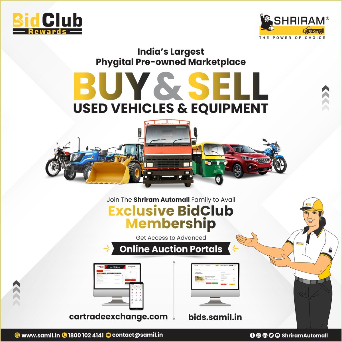 ShriramAutomall's tweet image. Join Shriram Automall, India's Largest Phygital Marketplace for Buying and Selling Used Vehicles and Equipment, to avail Exclusive BidClub Membership.

Join Now: bit.ly/4bIam0G

#BidClub #MembershipProgram #UsedVehicles #UsedEquipment #PhysicalAuction #Samil