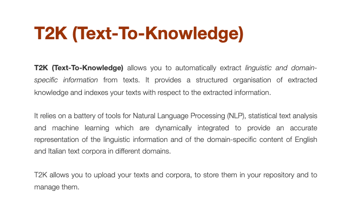 DARIAHeu's tweet photo. On #ToolsServicesThursday, consider T2K (Text-To-Knowledge) from the Italian Natural Language Processing Lab, which allows you to upload your texts & corpora, to store them in your repository & manage them 🇮🇹
➡️https://t.co/OYl6mse2tz https://t.co/KK7R1Nt6au