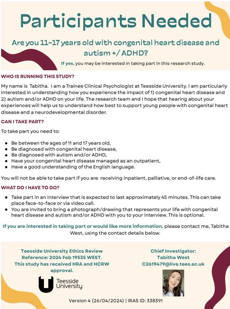 I am now recruiting for my doctoral thesis! Please see the advert below for who can take part and how to get in touch if you are interested! #dclinpsy #thesis #studyrecruitment #congenitalheartdisease #chd #autism #adhd