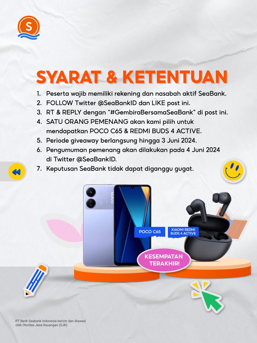 🚨KESEMPATAN TERAKHIR: POCO C65 + REDMI BUDS 4 ACTIVE🚨
#GembiraBersamaSeaBank

Yuk ikuti langkah berikut:
1. FOLLOW Twitter @SEABANKID
2. LIKE & RT Tweet ini
3. REPLY '#GembiraBersamaSeaBank' minimal 10x
4. TAG TEMAN KAMU

Selengkapnya di slide ke-2 🥰