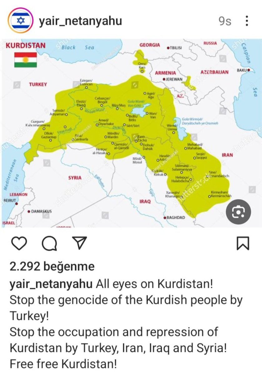 Netenyahu'nun eniği Kğrdistan çığırtkanlığı yapıyor. Orspuevlatlarının en iyi bildikleri şey işgal etmek zaten Kendini vatansever sanıp İsrail'e destek verenler görün bunu!!!