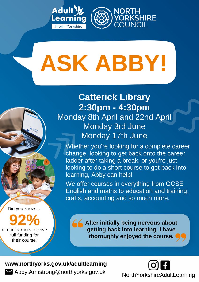 Want advice on your career or wondering how to delve back into education?🤔 Ask Abby! She’ll be at Richmond and Catterick Libraries again this month to answer all your questions and queries. Just drop in! 😊
