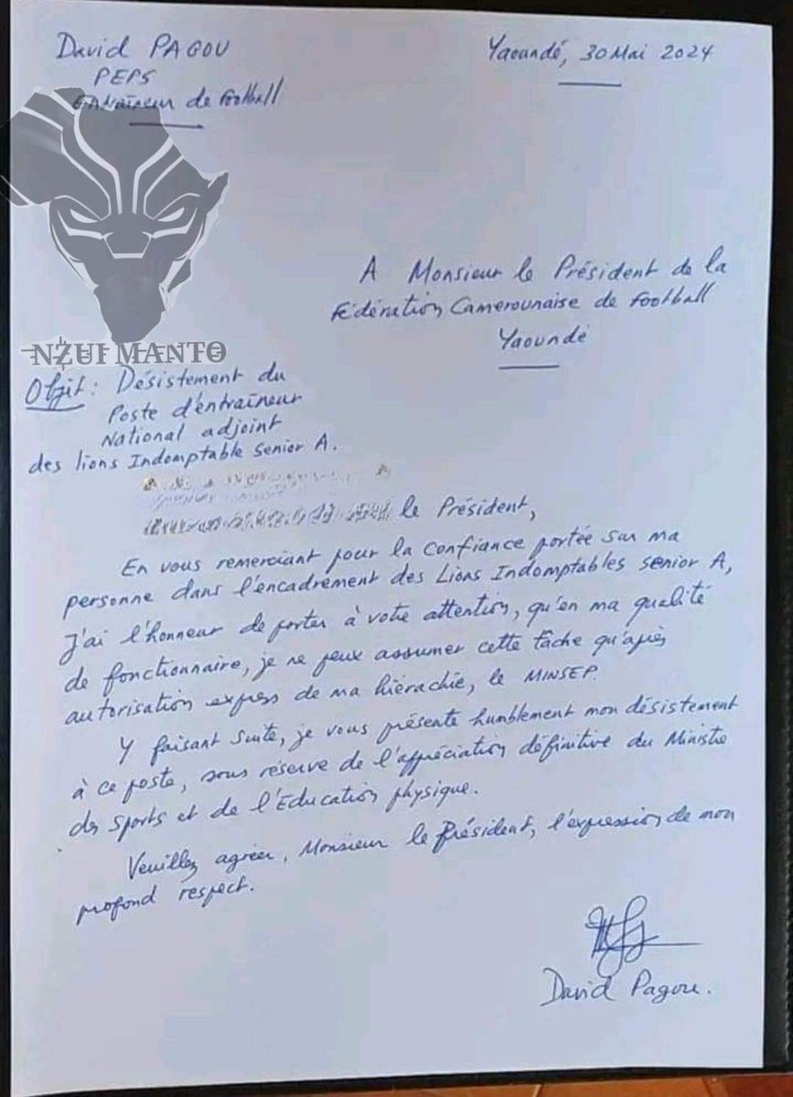 David Pagou,affecté à Salapoumbe par Fame Ndongo a présenté sa démission au président de la FECAFOOT dans une missive que voici. Il dit que mieux il continuer lui a enseigner le sport aux enfants des gens.