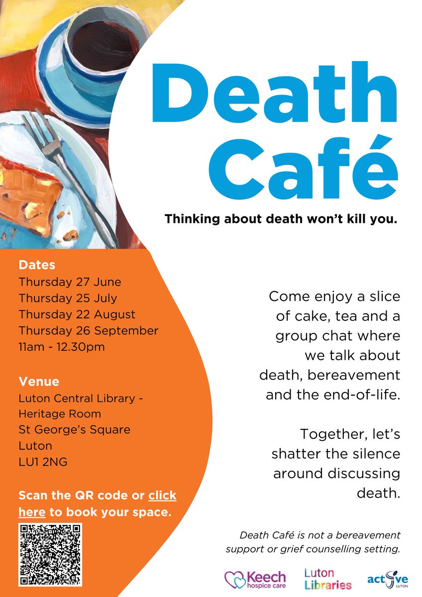 The Death Cafe and @KeechHospice return to the Central Library on Thursday 27 June. Come along to the Heritage Room on the 2nd floor from 11am for an informal chat about death, bereavement & the end-of-life. Book using the QR code below.
#DeathPositive
@ActiveLuton @lutoncouncil