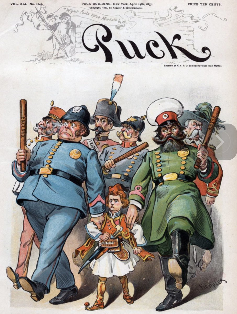 On the cover of Puck Magazine published in New York, dated April 14, 1897, #Greece was depicted as a child protected by 6 police officers.⤵️ After 150 years, nothing has changed. Again, a spoiled child hiding behind the USA and the EU. Via: @nadidefotograf