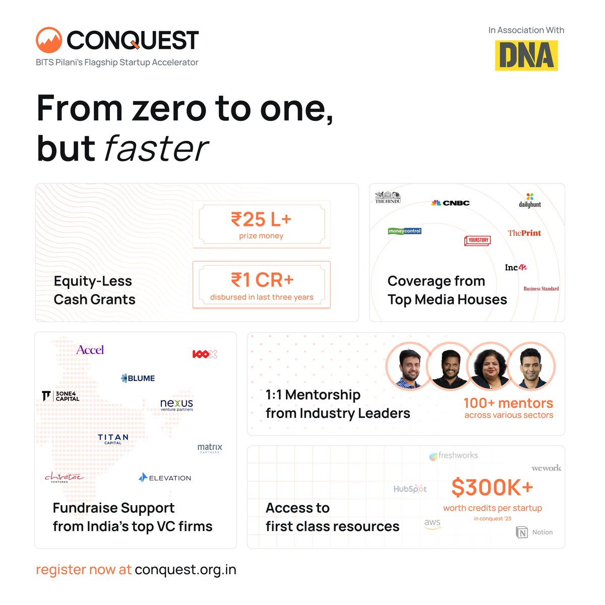 Ignite your startup journey with @ConquestBITS, BITS Pilani’s flagship startup accelerator 🚀

Through the 7 week hybrid program, gain access to equity-free grants worth INR 25L+, mentoring by top CXO’s, investment opportunities, media visibility and much more, all at no cost!