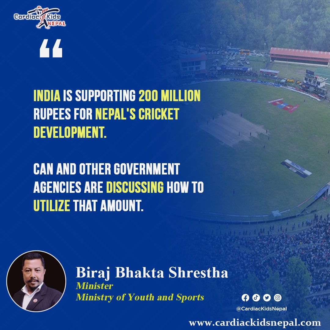 India has pledged a support of 200 million (20 crores) rupees to aid in the development of cricket in Nepal. This announcement was made during a visit to the Tribhuvan University (TU) Ground by Biraj Bhakta Shrestha, the Minister of Youth and Sports. The Cricket Association of