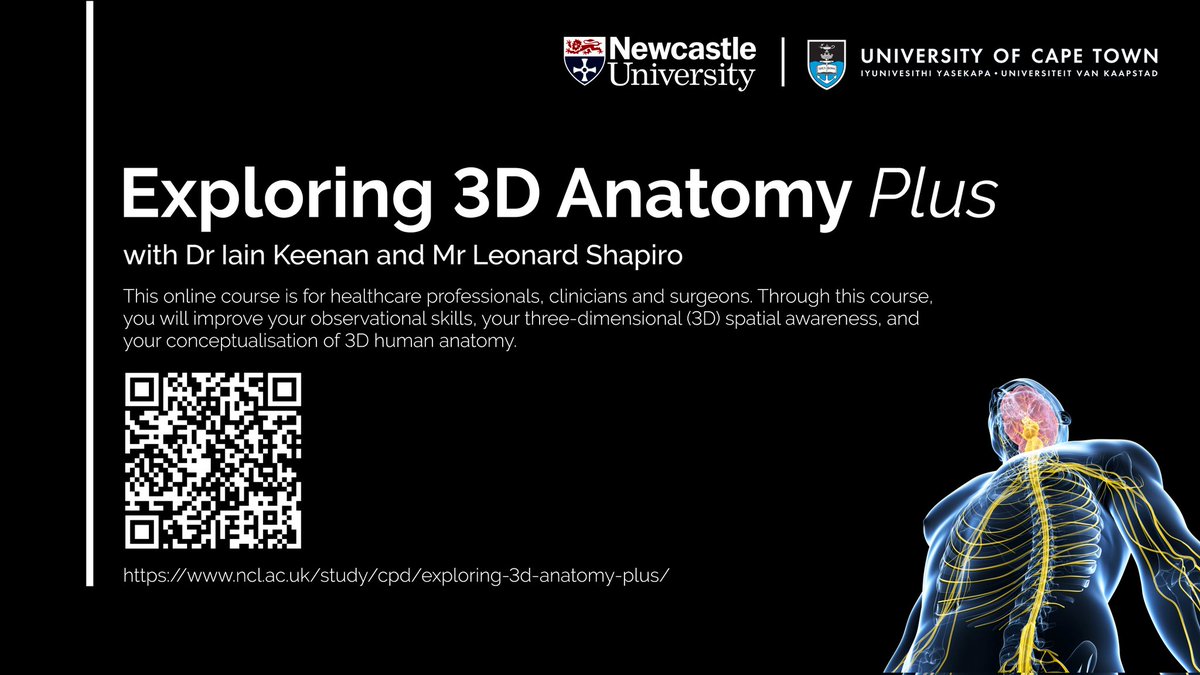 Develop your spatial awareness of 3D anatomy for clinical or educational practice! Launches Monday 4th June. Register now (first run free) for our online #anatomy CPD course with @leonard_shapiro Exploring 3D Anatomy PLUS cpd.ncl.ac.uk/courses/course…