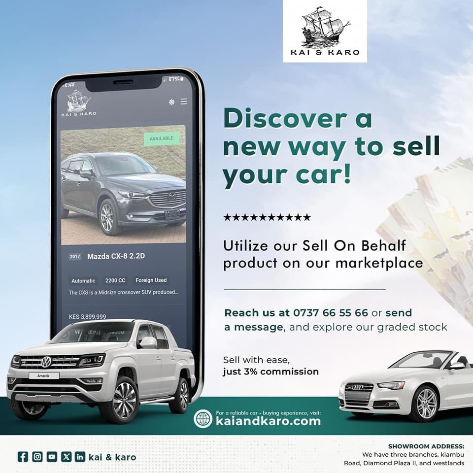 Tutakusaidia kuuza gari yako. All we need is proof of ownership kaiandkaro.com; the safest way to import, buy, or sell a car in Kenya ✅️ There's plenty of perks you get when you sell your car through kaiandkaro.com. Apart from the free valuation, here are
