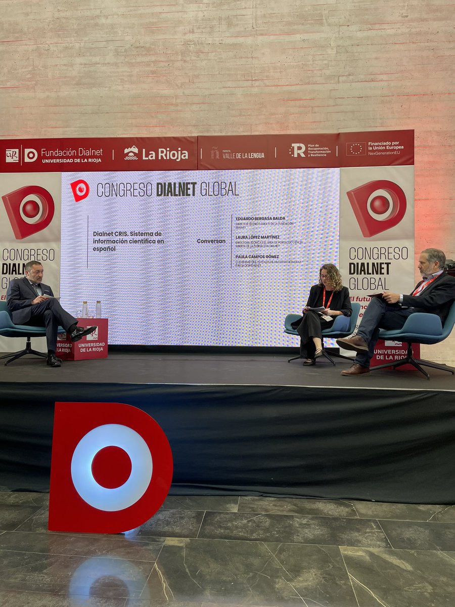 dialnet's tweet photo. Segunda conferencia del #CongresoDialnetGlobal titulada “Dialnet CRIS. Sistema de información científica en español”
Eduardo Bergasa Balda @ebergasa Director Técnico del Área TI de la Fundación Dialnet
Laura López Martínez. Directora Técnica del Área de Portal de Ciencia Abierta de la Fundación Dialnet
Paula Campos Gómez @Paulacg85 Coordinadora Portales de Investigación de la Fundación Dialnet