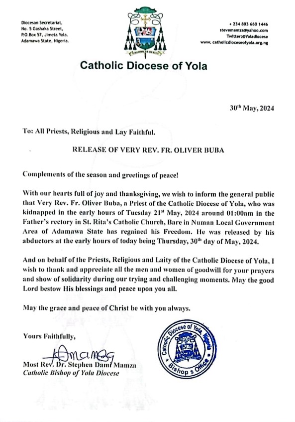 AEDenFrance's tweet image. [🇳🇬#nigeria ] Bonne nouvelle, le père Olivier Buba, enlevé le 21 mai, a été libéré ce matin! Deo gratias ! Merci pour vos prières🙏#diocesedeYola #Adamawa