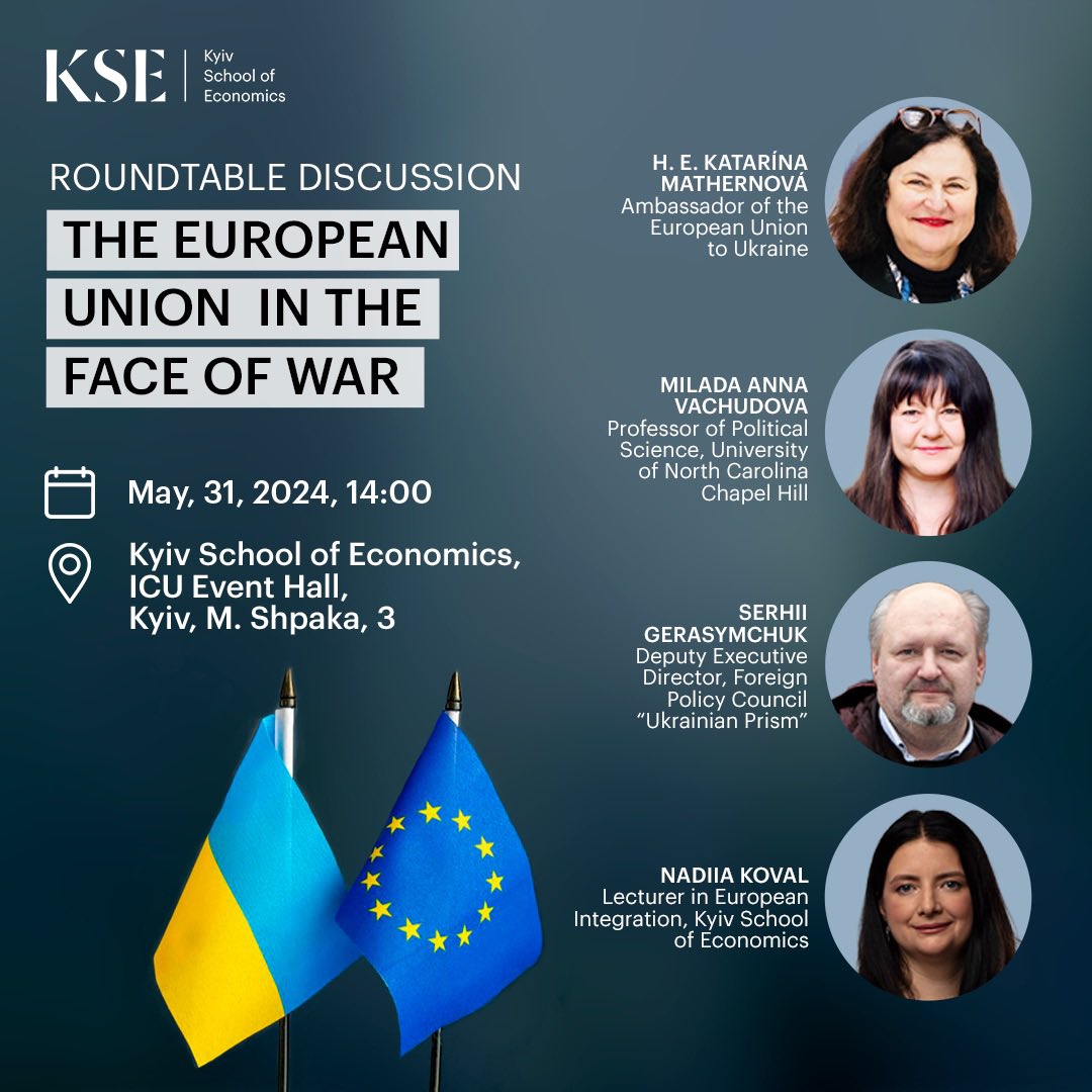 Milada Vachudova (@miladavachudova) on Twitter photo Tomorrow 🇺🇦 🇪🇺 If you are in Kyiv, please join us at KSE for a roundtable this Friday 31 May at 2pm on the tough geopolitical challenges of 'The European Union in the Face of War.’ <a href="/kmathernova/">Katarina Mathernova 🇪🇺</a>, <a href="/brik_t/">Tymofii Brik</a> <a href="/Mylovanov/">Tymofiy Mylovanov</a> Registration link below — free but required. Tomorrow 🇺🇦 🇪🇺 If you are in Kyiv, please join us at KSE for a roundtable this Friday 31 May at 2pm on the tough geopolitical challenges of 'The European Union in the Face of War.’ <a href="/kmathernova/">Katarina Mathernova 🇪🇺</a>, <a href="/brik_t/">Tymofii Brik</a> <a href="/Mylovanov/">Tymofiy Mylovanov</a> Registration link below — free but required.