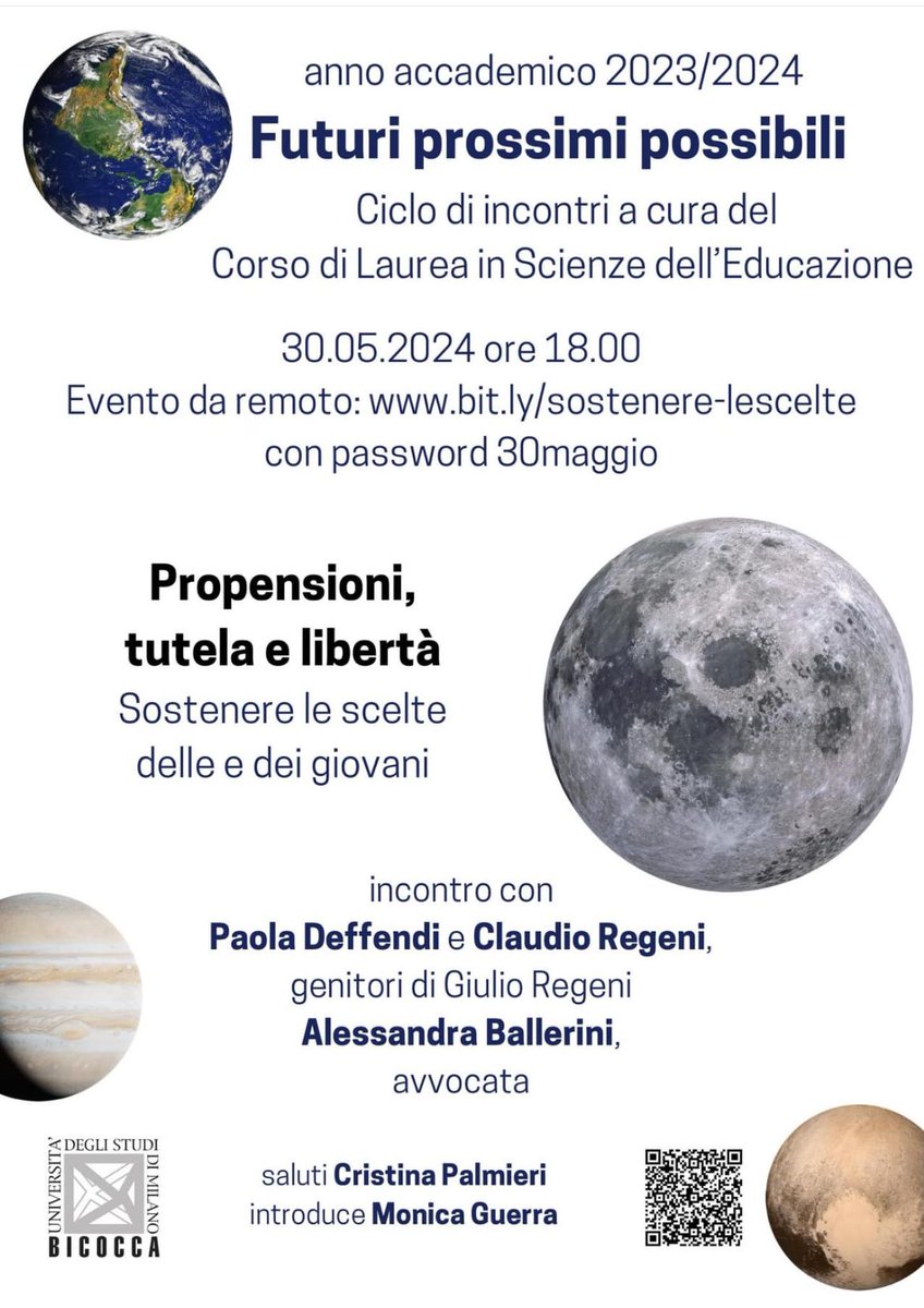 Oggi 30 maggio 2024 alle ore 18.00 “Propensioni, tutela e libertà. Sostenere le scelte delle e dei giovani” ospiti Paola e Claudio #Regeni e l’avvocata Alessandra Ballerini. L’incontro da remoto al link bit.ly/sostenere-lesc… con password 30maggio @unimib