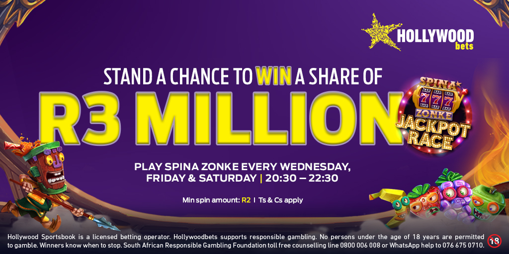 Embrace the winning race this June! Stand a chance to WIN a share of R3 MILLION in the Spina Zonke Jackpot Race! Spin R2+ every Wednesday, Friday and Saturday between 20:30 to 22:30! Competition runs: 01 – 30 June 2024. Bet now! Ts & Cs apply.

#HWBTWT