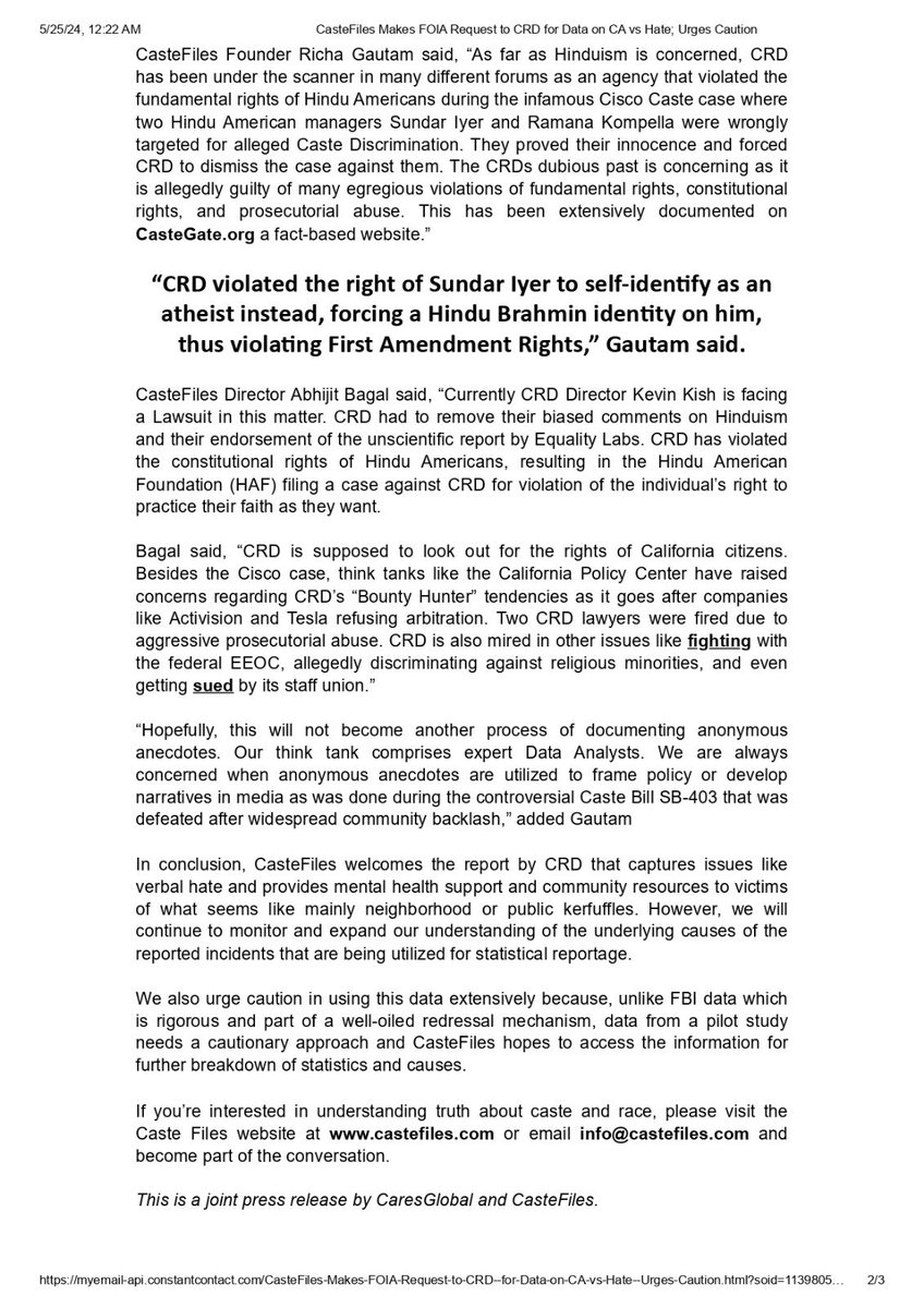 castefiles's tweet photo. In a strong stance and after much deliberation, the Data Analytics experts at #CasteFiles caution against taking the #CRD data at face value.
CasteFiles has requested the CRD to provide more information and underlying causes of the รA vs Hate hotline calls.
CasteFiles Press Release and Cautionary note on CRD point out few blunt facts on why this data needs to be studied and why non randomized data should not be used to predict trends even if it appears to be correct.
FBI data which is much more reliable points to rising trends in anti Hindu Bigotry and that is necessary and sufficient to proclaim a bill like Anti Hinduphobia bill HR 1131
As for @CalDFEH - CRD- let it prove its credentials as an impartial and reliable source first given its long standing antiHindu bias as seen in the #CiscoCasteCase #Castegate #antibrahmin #Brahmin #Caste #Hinduphobia #HR1131