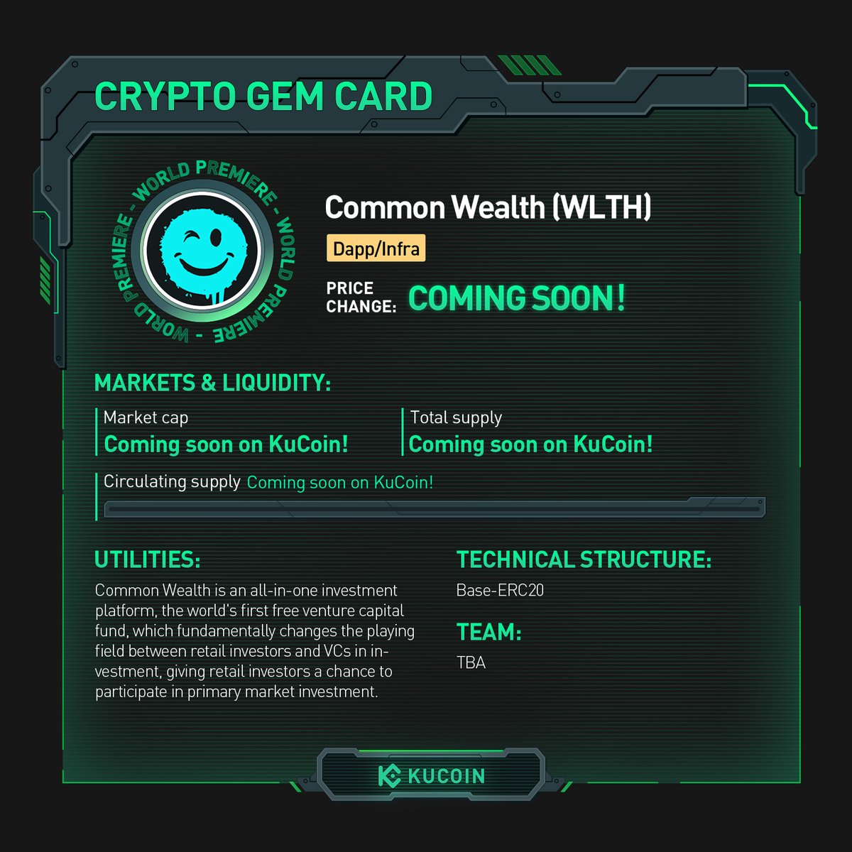 kucoincom's tweet photo. $WLTH trading is now live on #KuCoin!

🚀WLTH/USDT: https://t.co/O7ol5luNbM 

Find out more about Common Wealth in #KuCoinCryptoGem card.

#Dapp #Infra https://t.co/HRnXh1HgJB