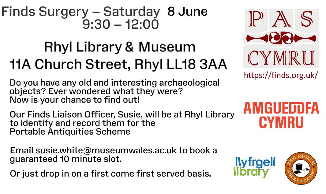 Next Finds Surgery coming up - this time in Rhyl Museum @RhylMuseum come along and say hello - here is all the information you need #ResponsibleDetecting #RecordYourFinds @findsorguk
