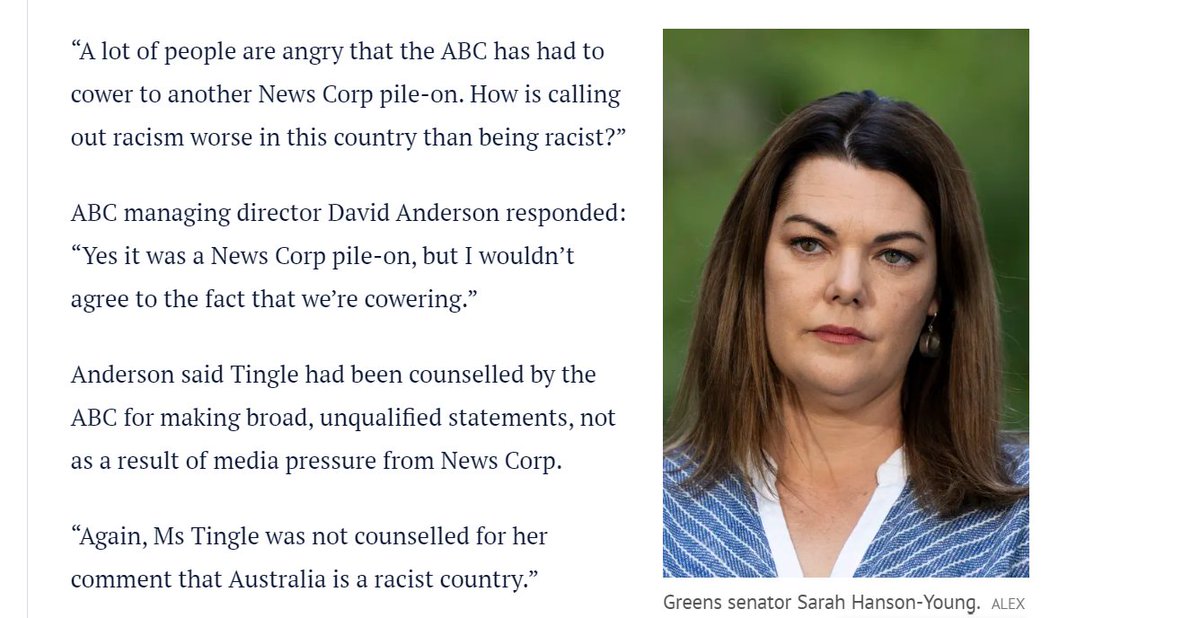 Greens senator Sarah Hanson-Young has called on the ABC to “blacklist” News Corp commentators, suggesting the ABC has been cowering as the commercial media empire targeted Laura Tingle. #auspol