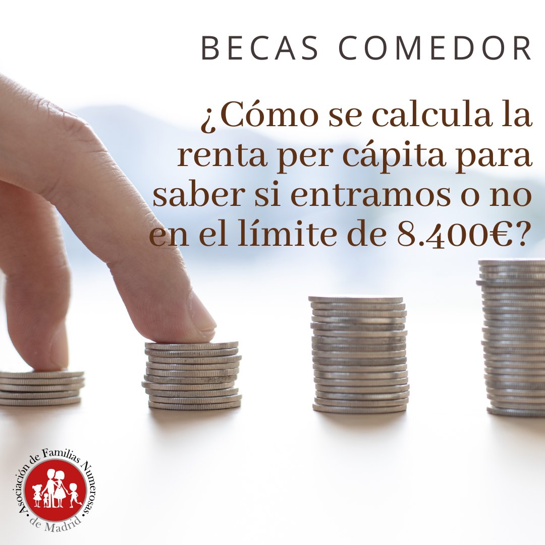 El límite de renta per cápita para la #becacomedor este año es de 8.400€ (pero sigue dejando fuera a 4 de cada 5 #familiasnumerosas). Te explicamos cómo calcularlo y te animamos a solicitar tu beca comedor aunque pases el límite ¡que nos escuchen! instagram.com/p/C7lomgzOI_B/