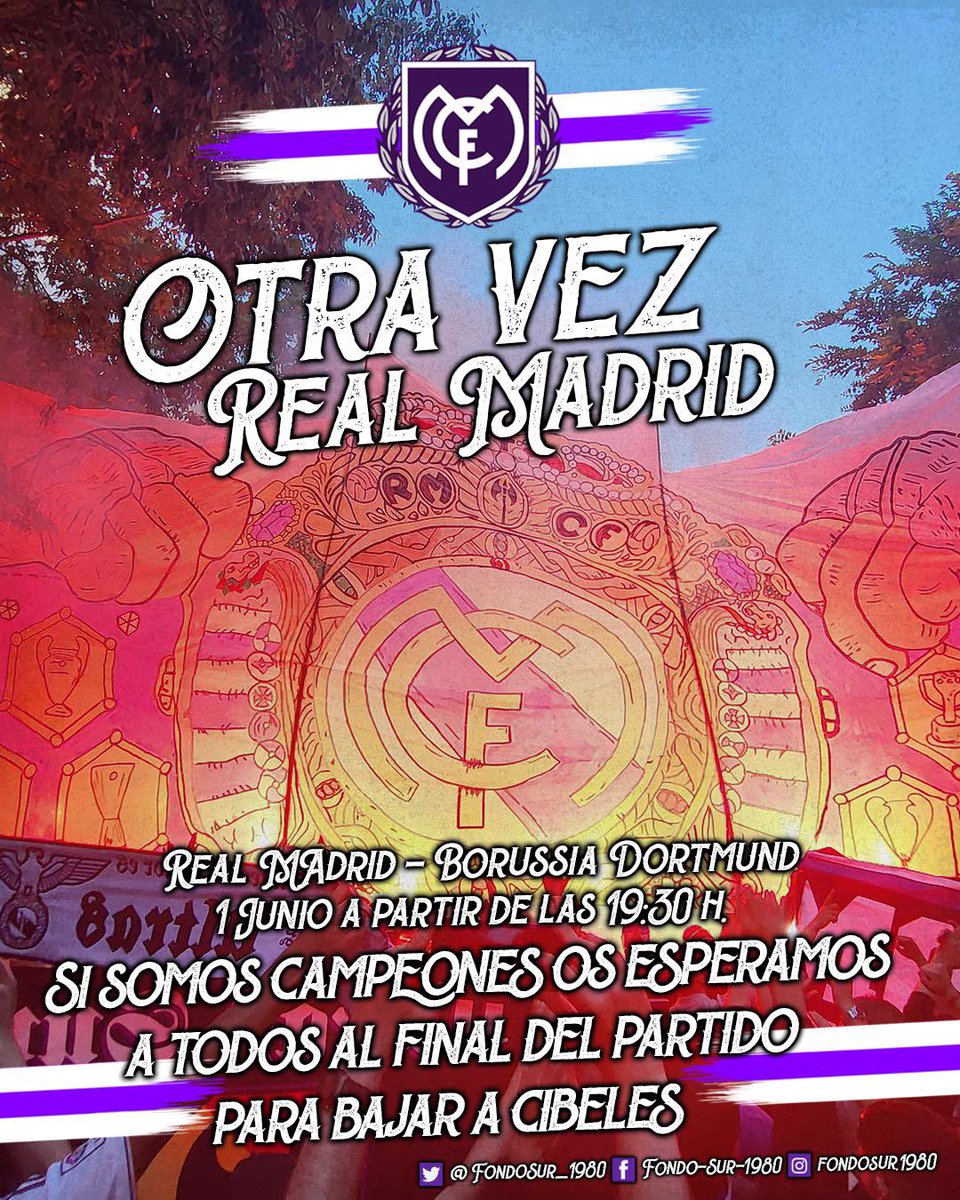 FondoSur_1980's tweet image. Real Madrid - Borussia Dortmund. Sábado 1 de junio a partir de las 19:30h. Vente con los Ultras Sur a Marceliano Santa María #FinalUCL #HalaMadrid #EuropaBlanca