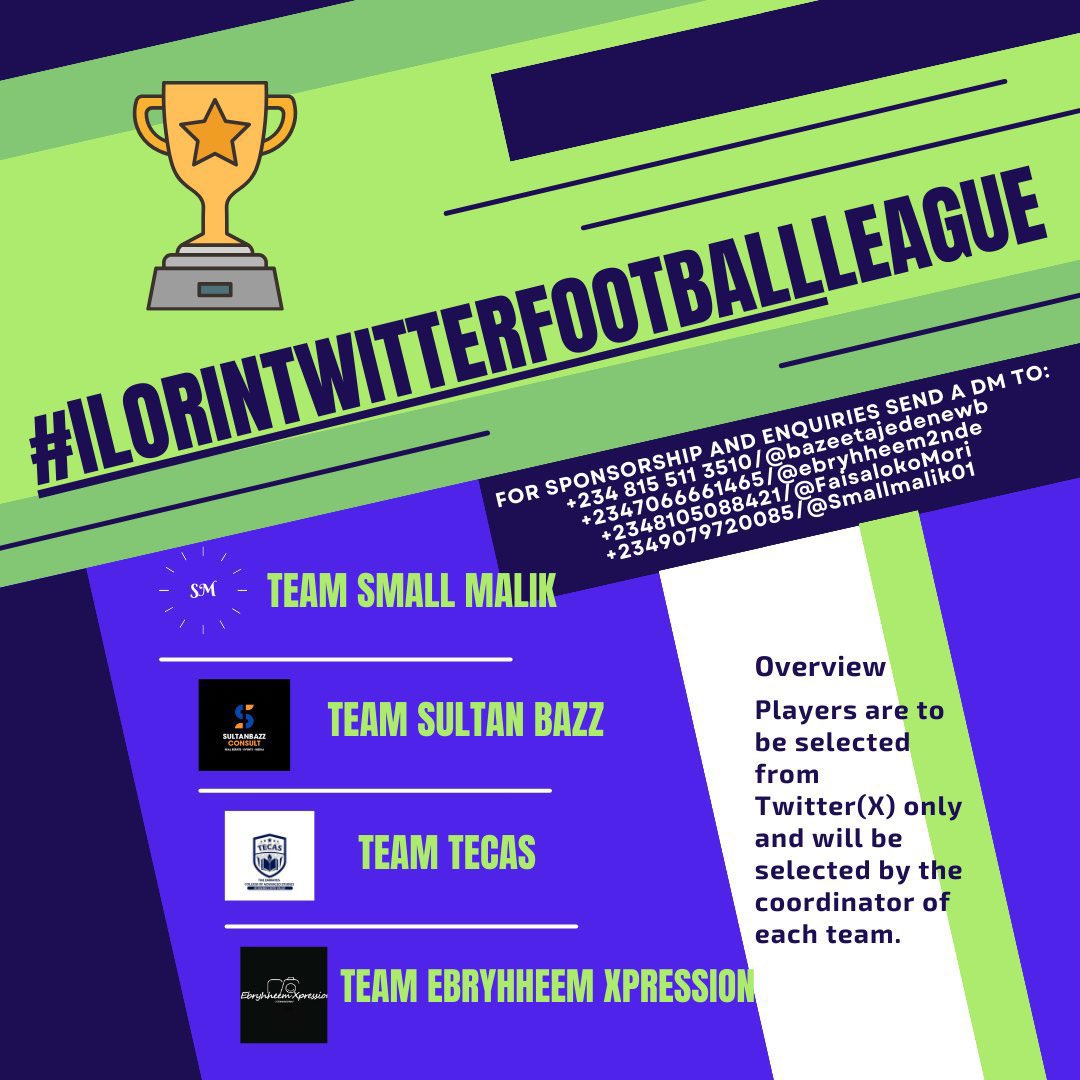 InsideIlorin_NG's tweet photo. #IlorinTwitterFootballLeague is here 🔥
- Team @Smallmalik01
- Team @bazeetajedenewb
- Team #Tecas @FaisalokoMori
- Team @ebryhheem2nde
Which are you joining?
Check design for more details ❤️ https://t.co/ixGFlyZQRP