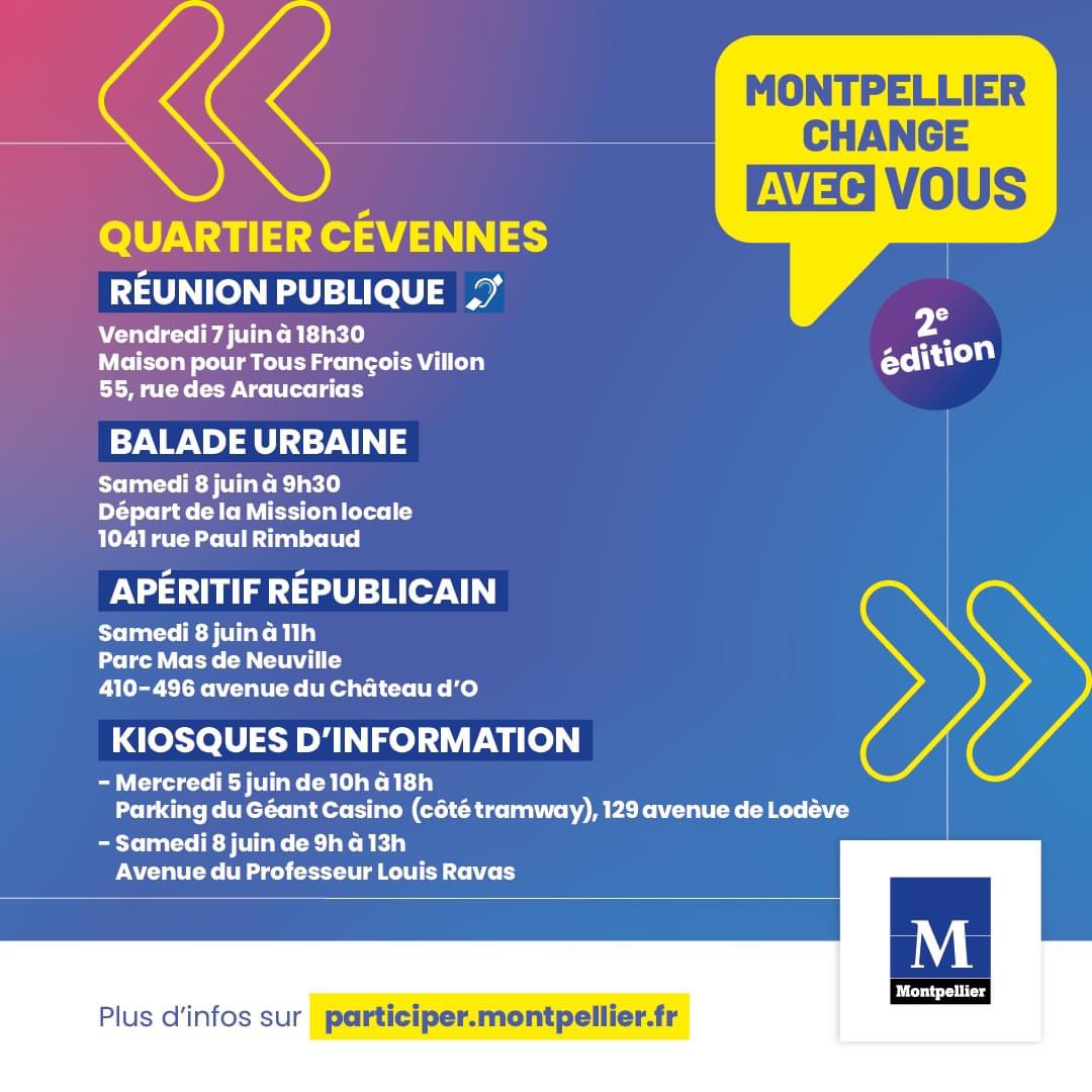 👥 Rendez-vous du lundi 3 au samedi 8 juin 2024 pour la 2ᵉ édition de 'Montpellier change avec vous'. Réunion publique, balade urbaine, kiosque d’information, apéritif républicain… 🗣🌳 📌 Cévennes Toutes les infos 👉swll.to/mcavCevennes20…