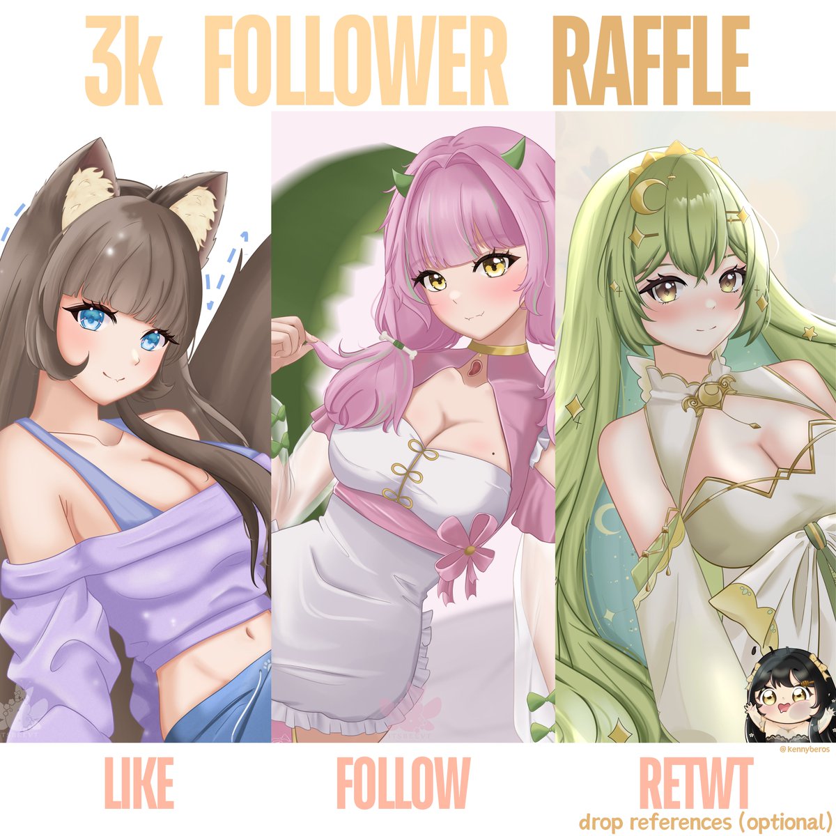 Thank you for 3k!! T^T I'm so eternally grateful for everyone and would like to offer a thigh up illustration for 1 person!! every 150 retweets I'll add another person :D 

💛 LIKE + FOLLOW + RTWT
💛 Drop References (opt)
💛 Ends June 5th
