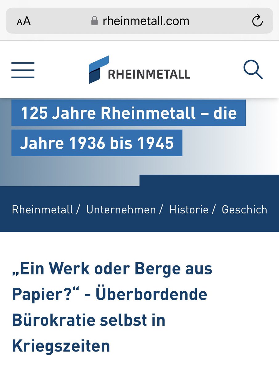 Janine_Wissler's tweet photo. @JonasBachm63326 @BVB „Überbordende Bürokratie selbst in Kriegszeiten“ - diese Überschrift hat #Rheinmetall bei seiner Firmenhistorie gewählt für die Jahre 1936-1945, in denen das größte Verbrechen der Menschheitsgeschichte stattfand und Rheinmetall Waffen für den Vernichtungskrieg produzierte. https://t.co/T0r4fU6vzK