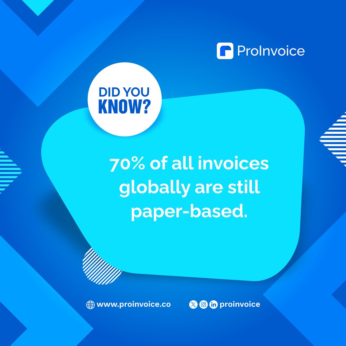 70% of invoices worldwide are still processed on paper. 

Join the 30% who have switched to digital for increased efficiency and sustainability. 

Join ProInvoice Today! 

#InvoiceLikeAPro
#ProInvoiceBenefits
#proinvoice
#growwithproinvoice
#businessfact
#businesssupport