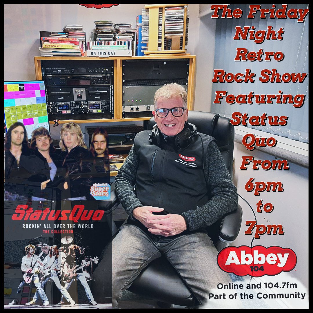 Join me Live on Friday evening at 6pm, for this week’s edition of the Retro Rock Show, featuring a bit of Quo + some other classic retro rock bands. 
Broadcasting locally on Abbey104.7fm  &amp; online around the world. abbey104.com 👈 <a href="/Abbey_104/">Abbey104</a>